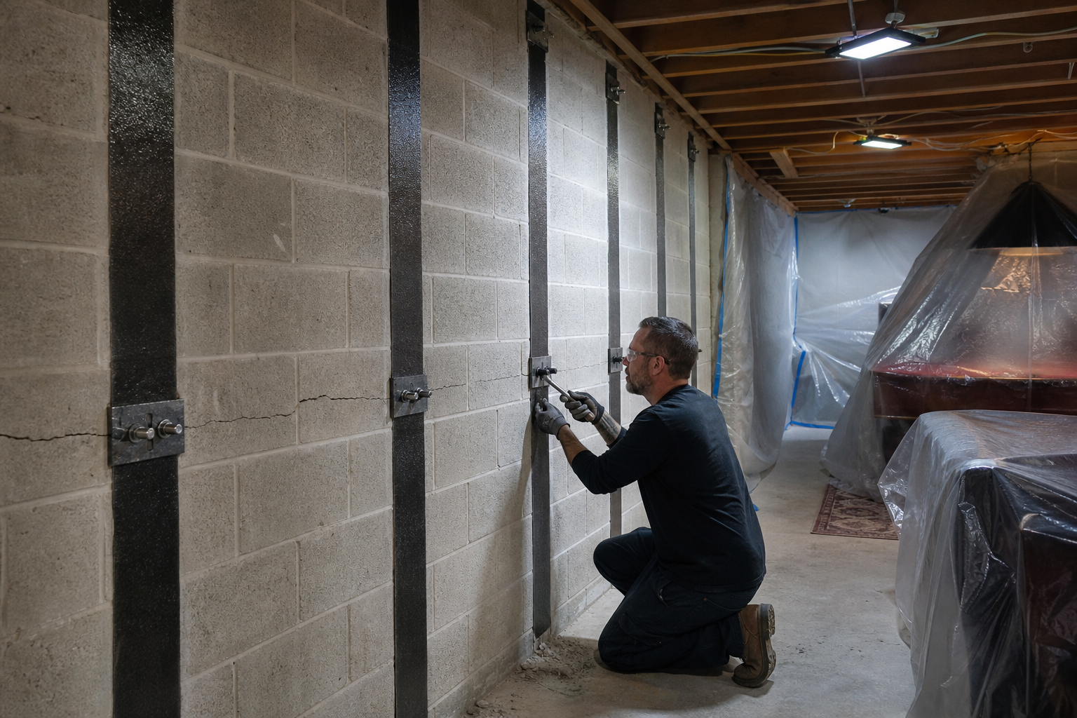 Carbon fiber straps installed on a bowing basement wall