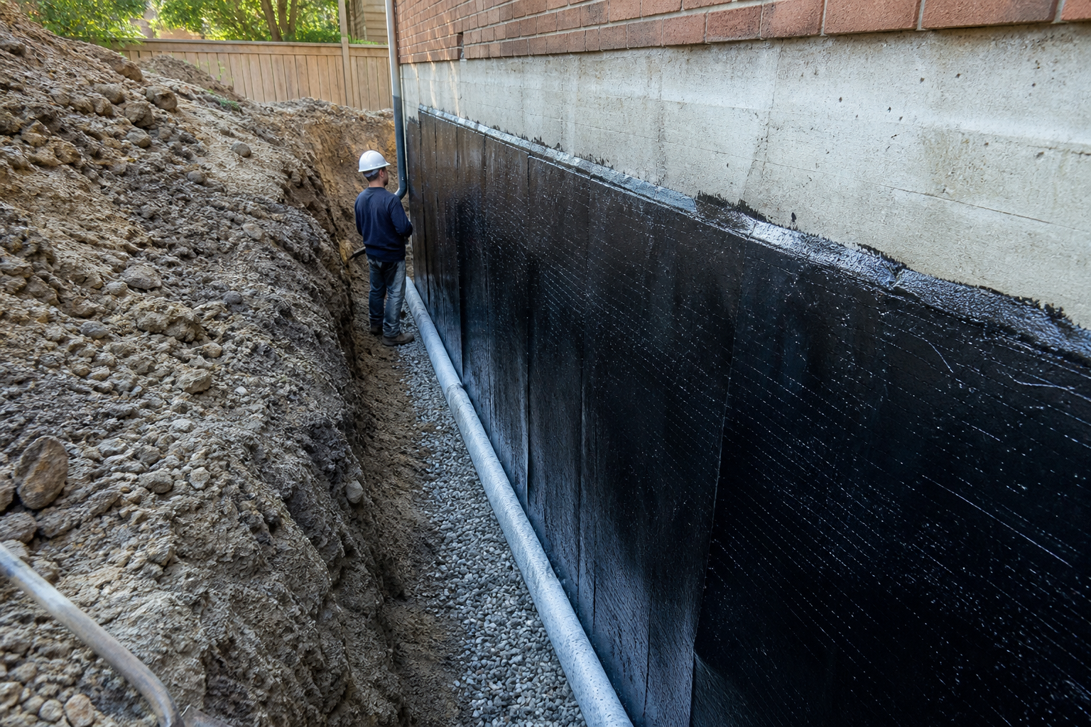Exterior basement waterproofing trench with weeping tile and membrane