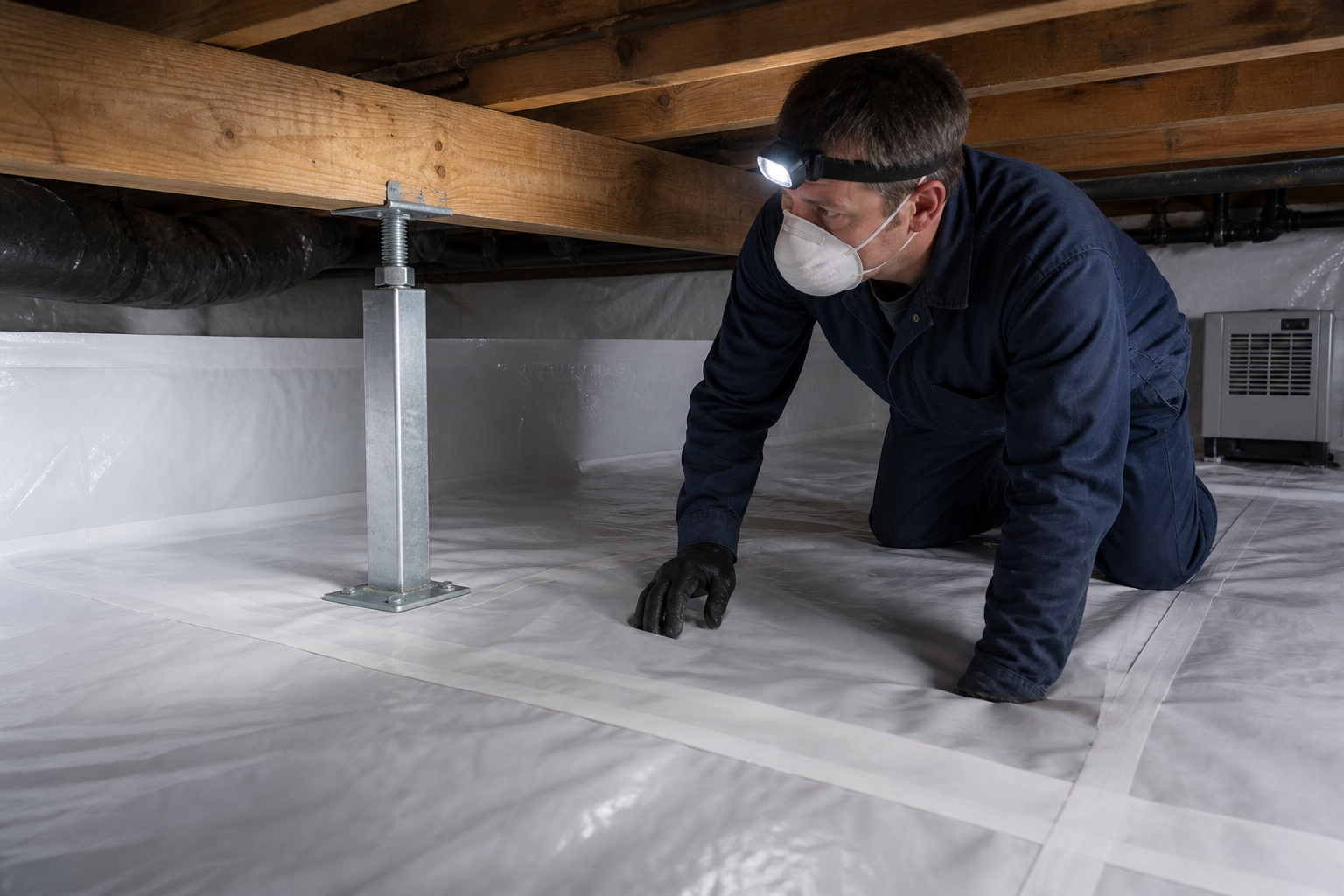 Crawl space encapsulation with vapor barrier and steel support jack