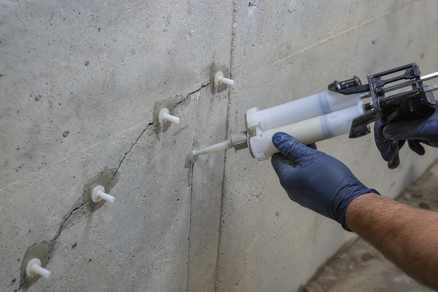 Close-up of epoxy foundation crack injection on poured concrete
