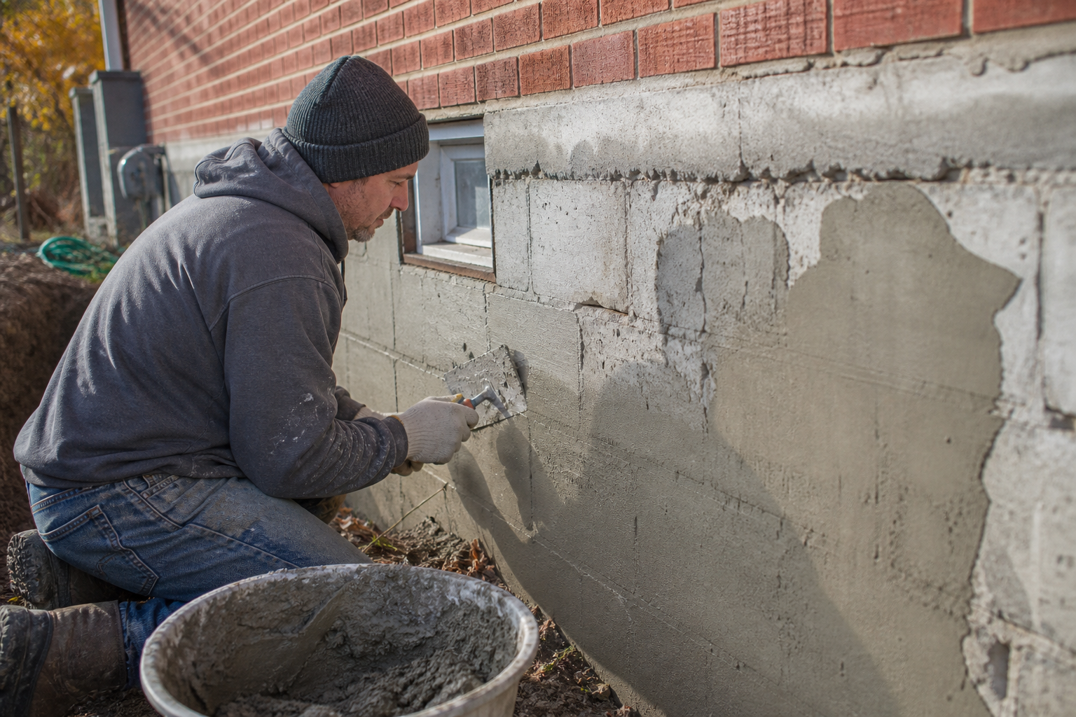 Mason troweling cement parging onto a block foundation wall