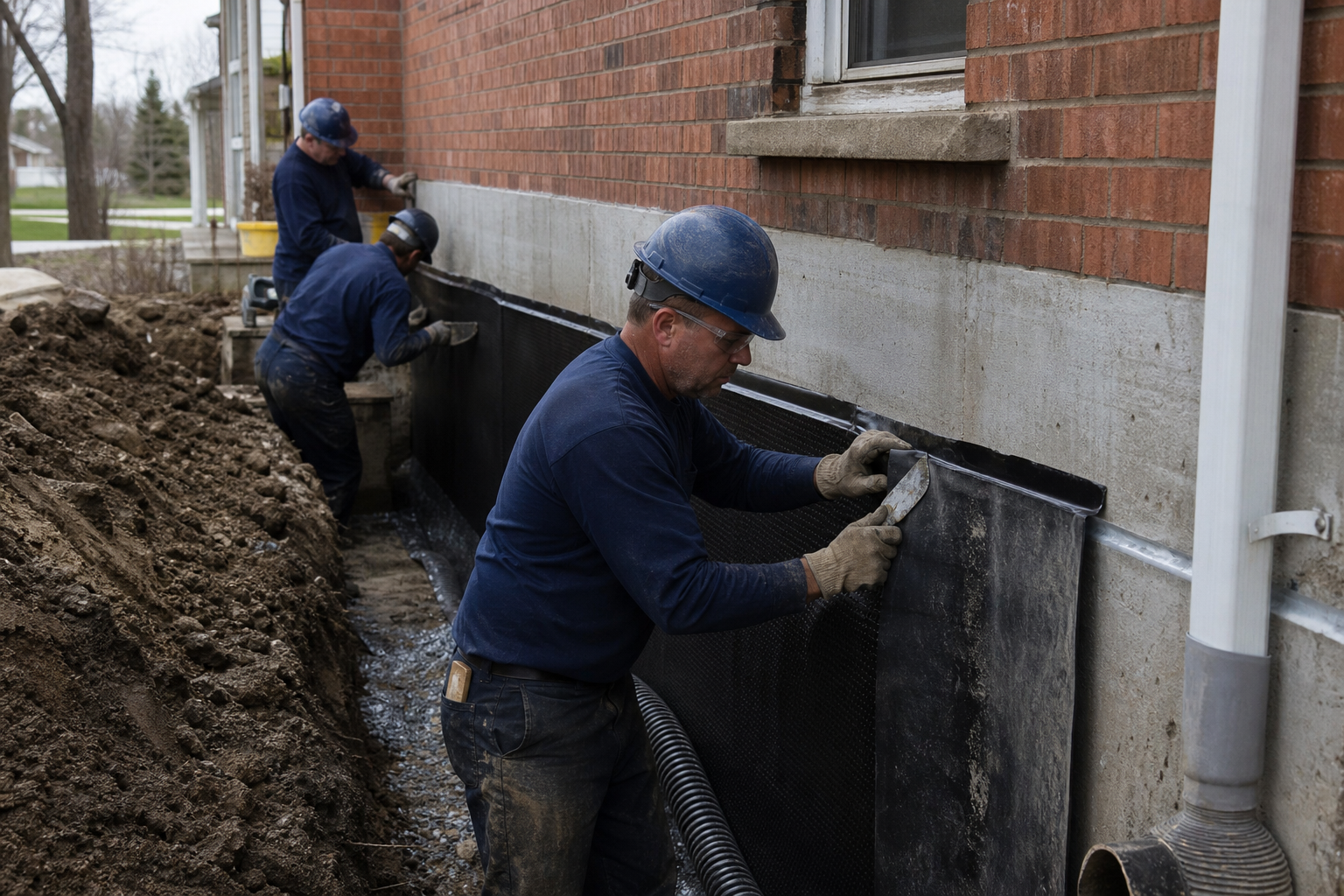Foundation repair crew excavating clay beside a brick Southern Ontario home and applying waterproofing membrane