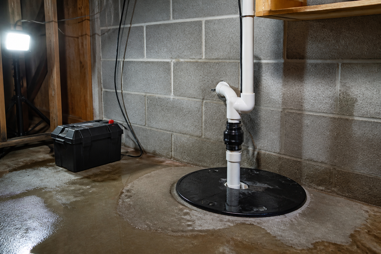 Submersible sump pump and battery backup in a basement pit