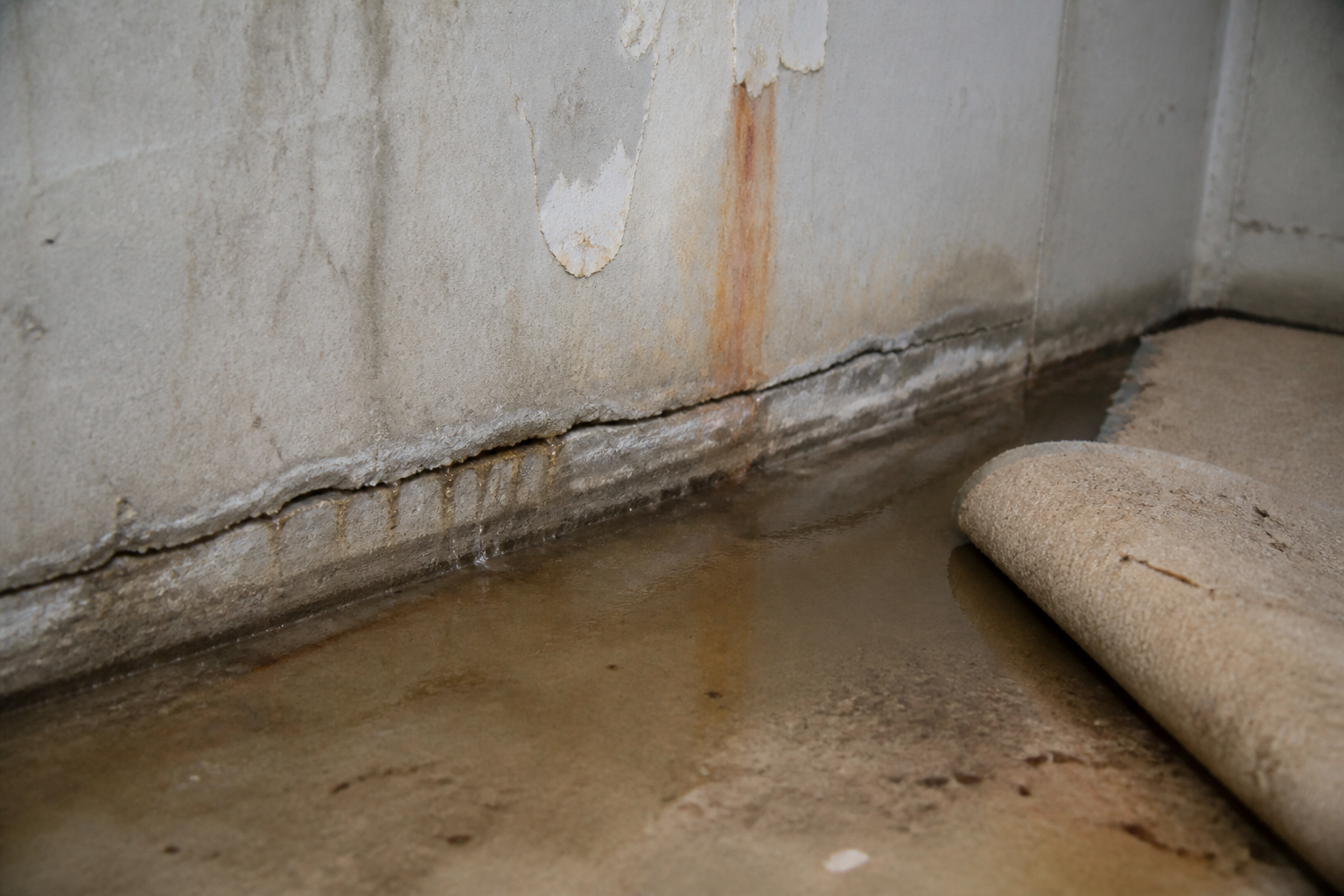 Water leaking from a cracked basement foundation wall onto the floor