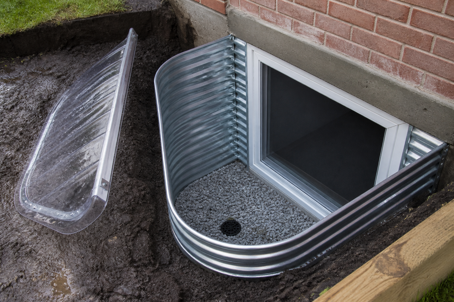 Galvanized basement window well with gravel drain on a brick foundation